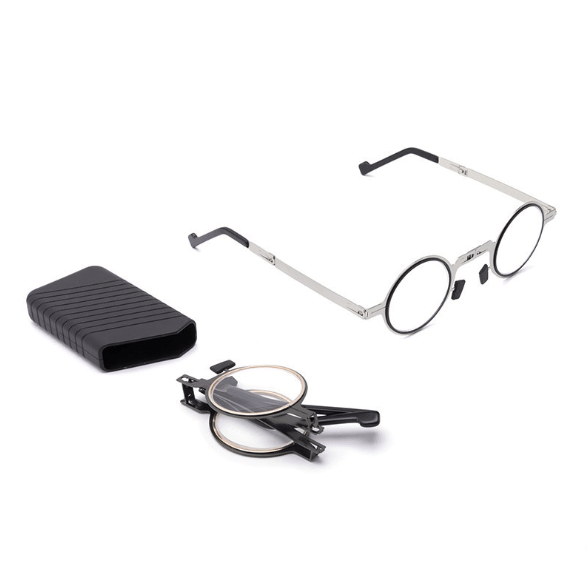 Olvoria | Titanium Reading Glasses with Blue Light Protection – Foldable and Lightweight, Silver, Round/Square