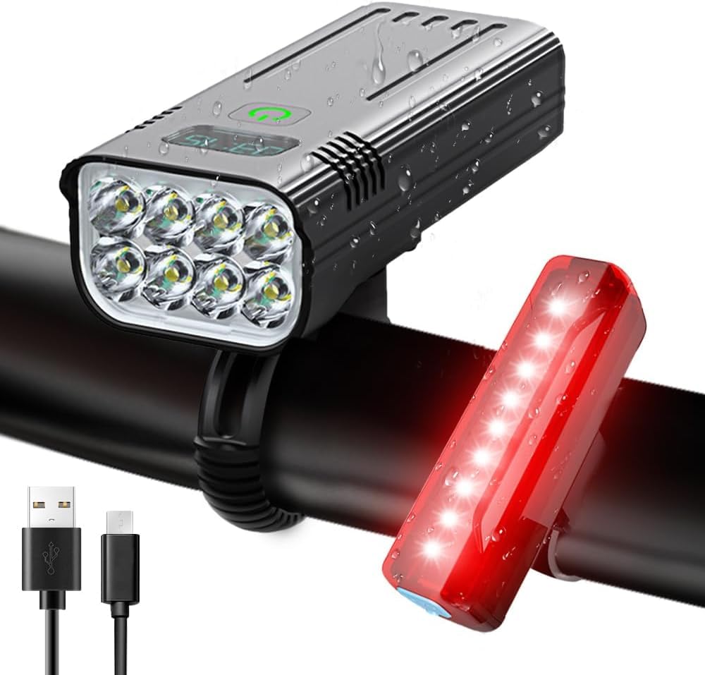 Olvoria | Victoper 8000 Lumens Bicycle Light Set, 8 LED USB Rechargeable Front & Rear Lights, Matte Black