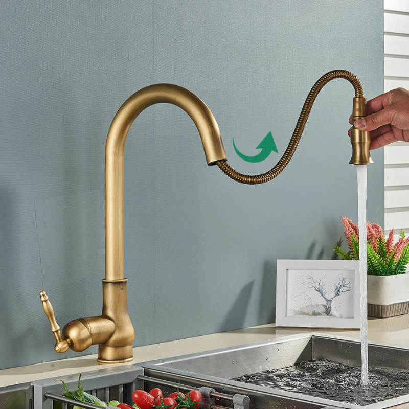 Olvoria | VintageTap Antique Brass Kitchen Tap – Retro Style Mixer Faucet with Swivel Spout