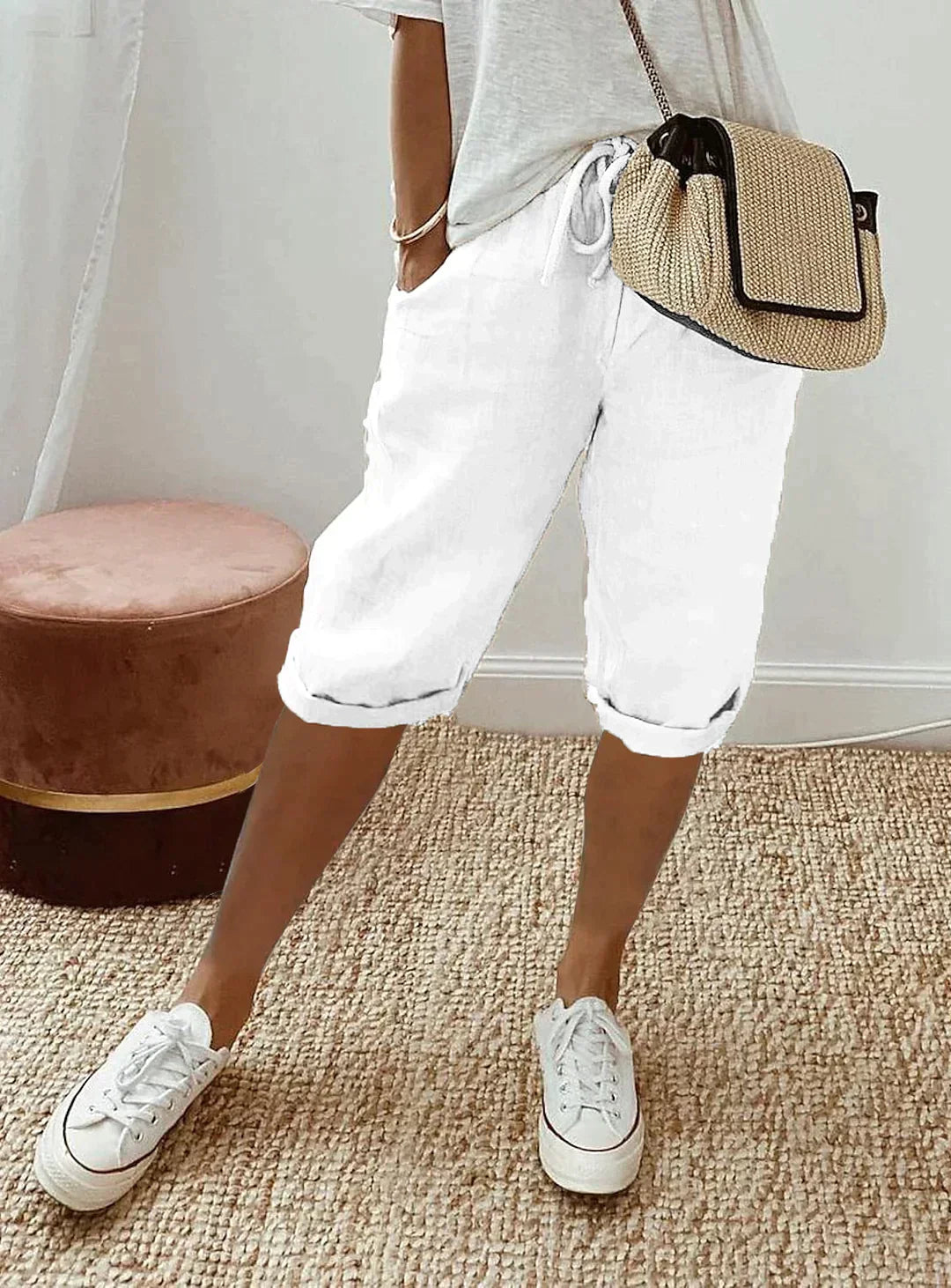 Olvoria | Women's Cropped Linen Pants with Drawstring Waist