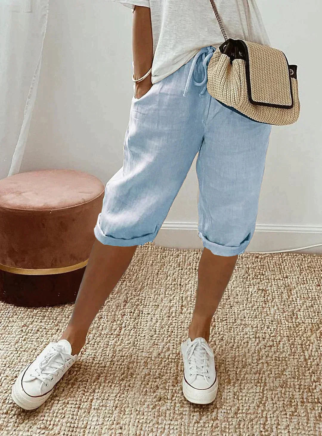Olvoria | Women's Cropped Linen Pants with Drawstring Waist