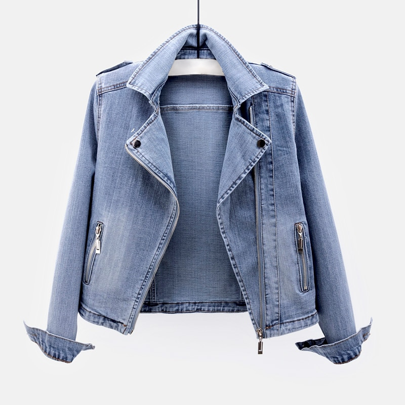 Olvoria | Women's Denim Biker Jacket with Belted Waist