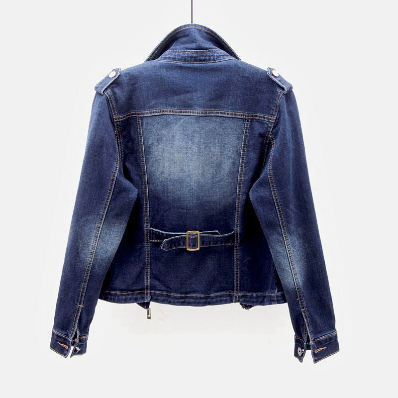 Olvoria | Women's Denim Biker Jacket with Belted Waist