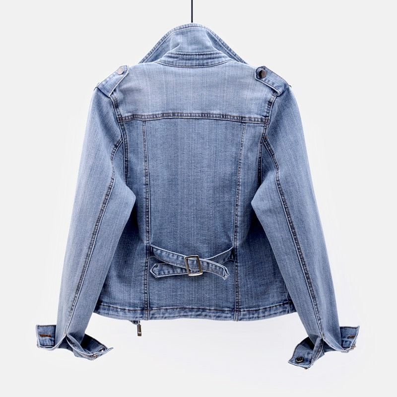 Olvoria | Women's Denim Biker Jacket with Belted Waist