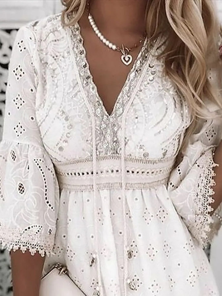 Olvoria | Women's Eyelet Mini Dress with Flare Sleeves