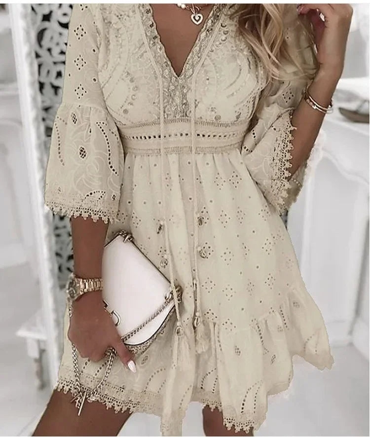 Olvoria | Women's Eyelet Mini Dress with Flare Sleeves