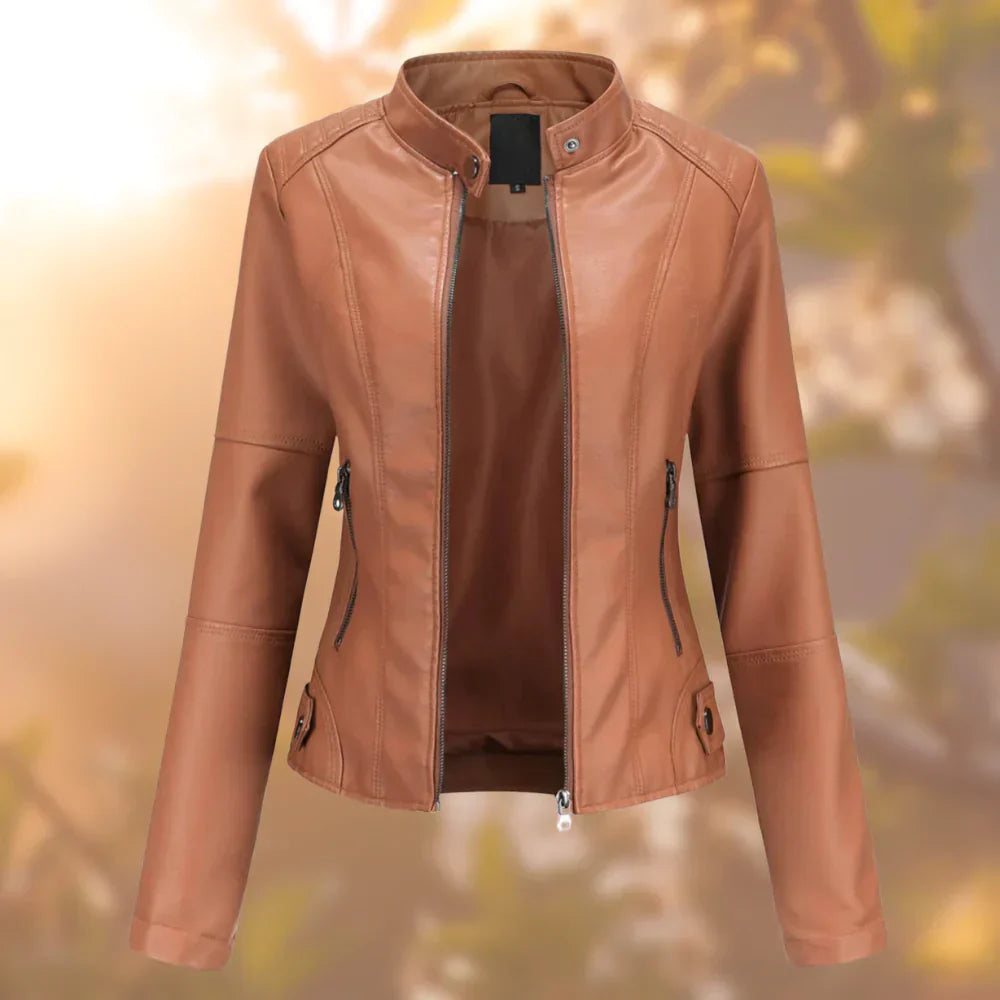 Olvoria | Women's Faux Leather Moto Jacket with Zipper