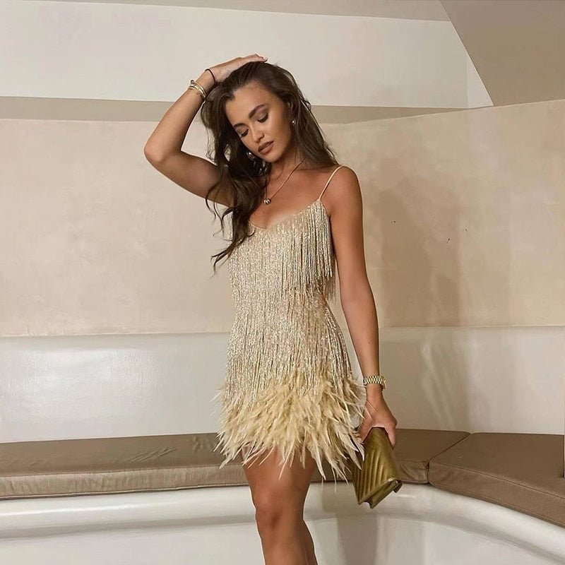 Olvoria | Women's Feather Trim Mini Dress