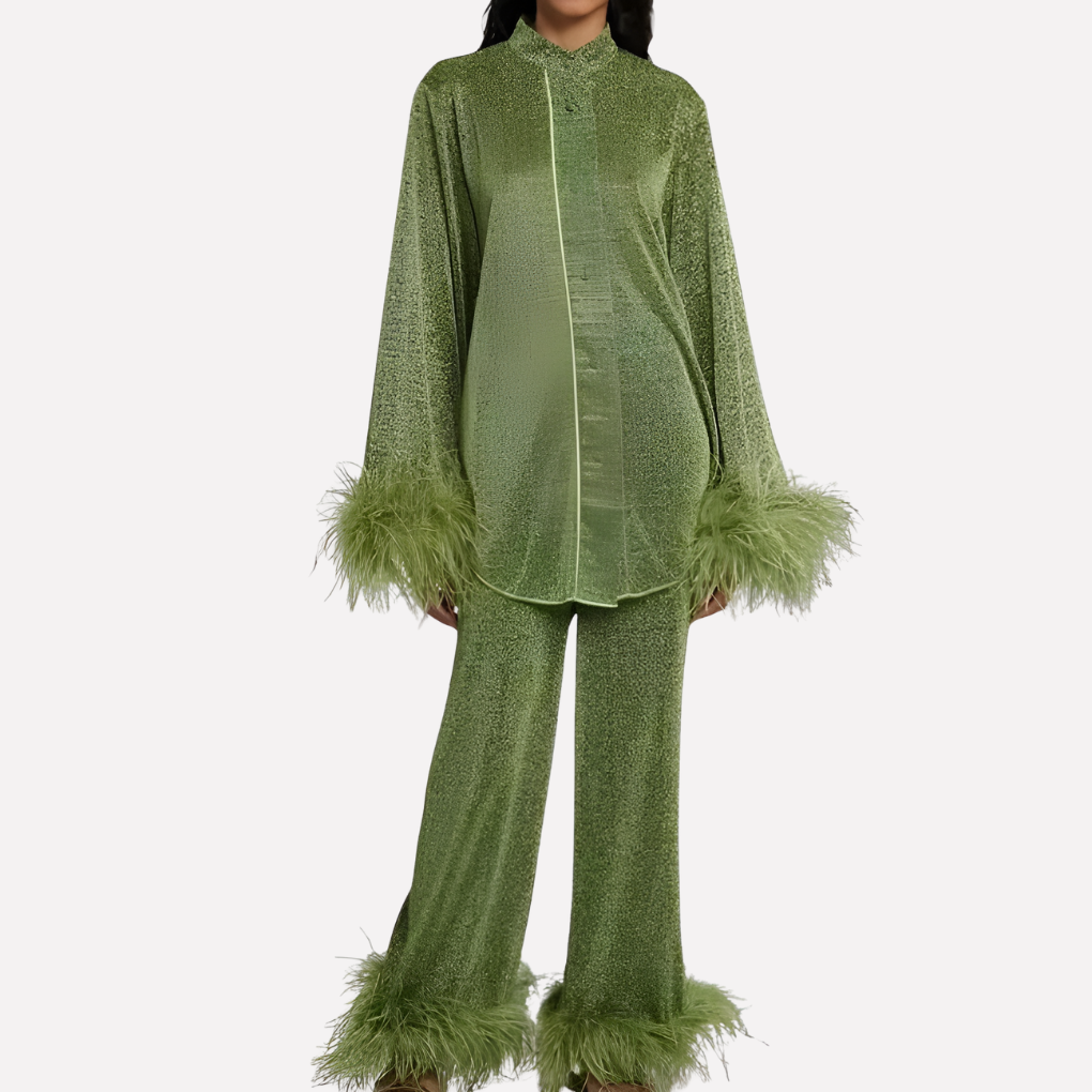 Olvoria | Women's Feather Trimmed Shirt and Trouser Set
