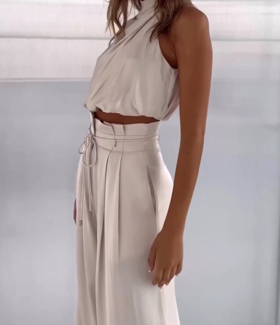 Olvoria | Women's Halter Neck Top & Wide Leg Pants Set
