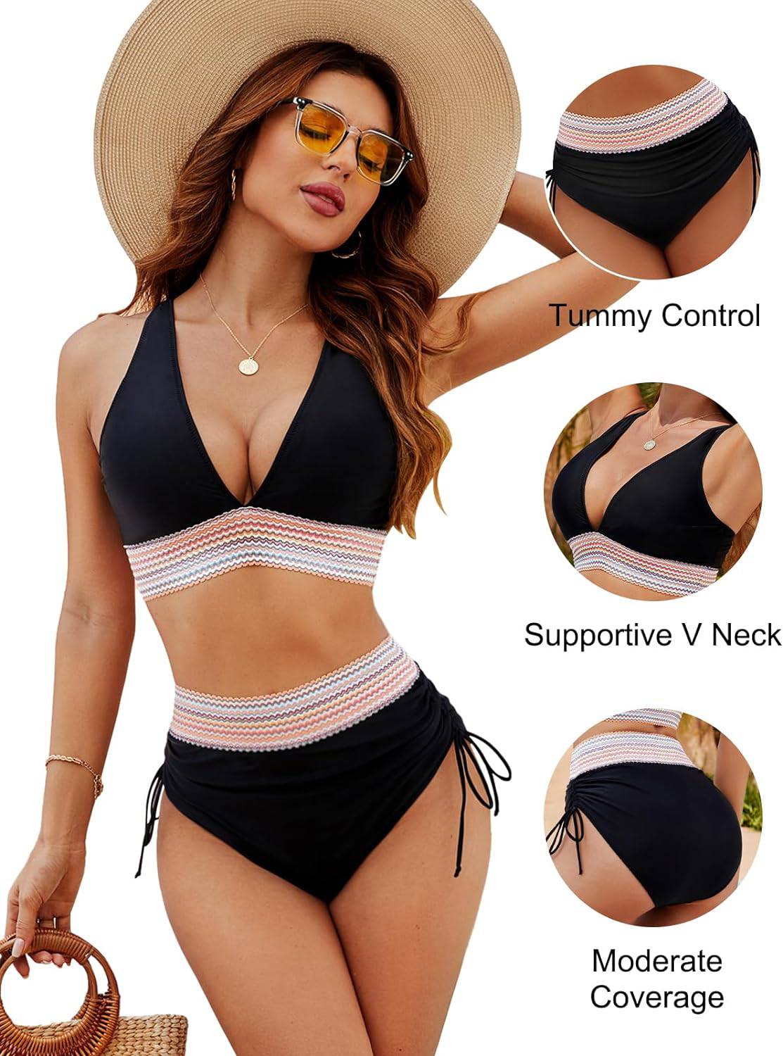 Olvoria | Women's High-Waisted Bikini with Chevron Trim