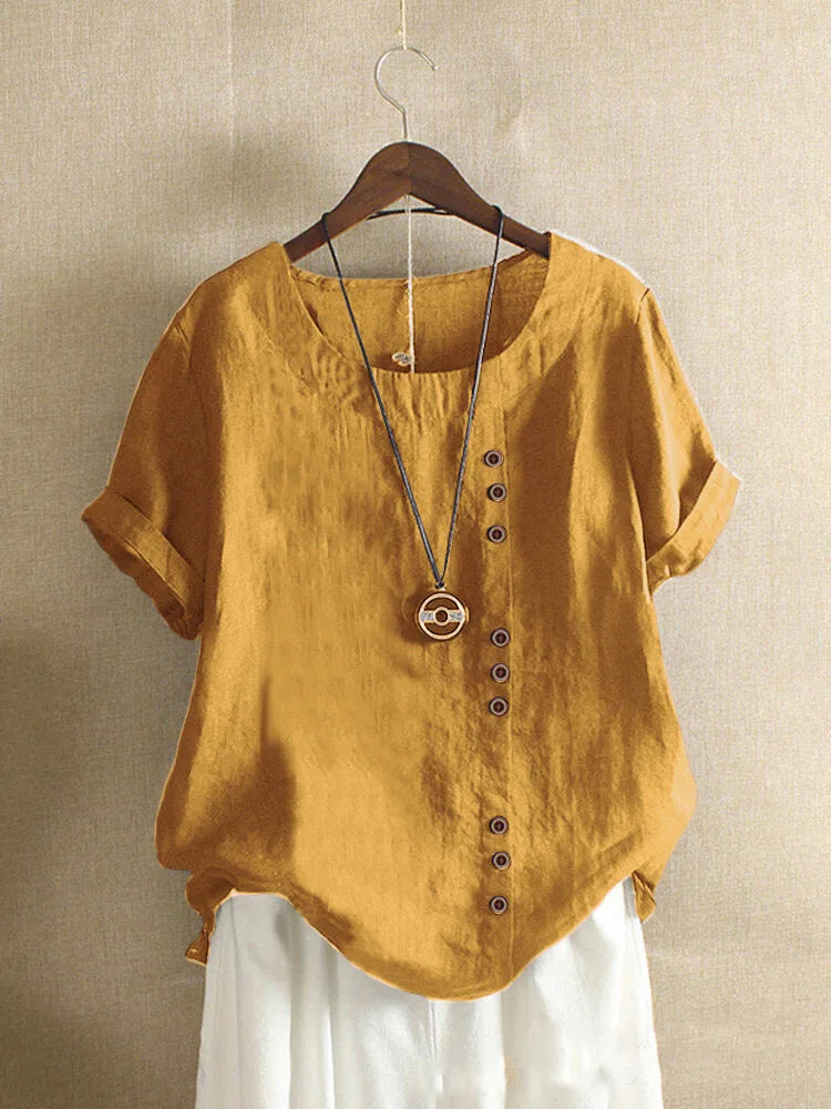 Olvoria | Women's Linen Blend Button Blouse Short Sleeve