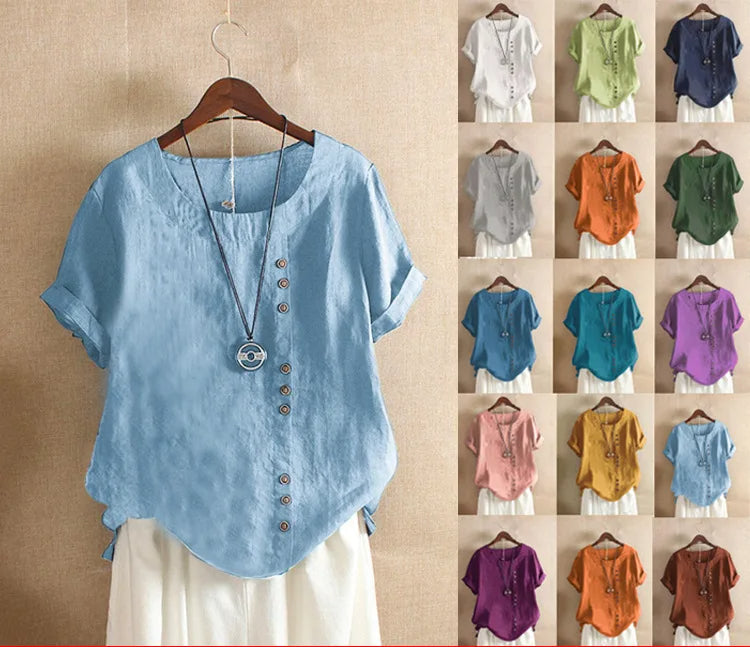 Olvoria | Women's Linen Blend Button Blouse Short Sleeve