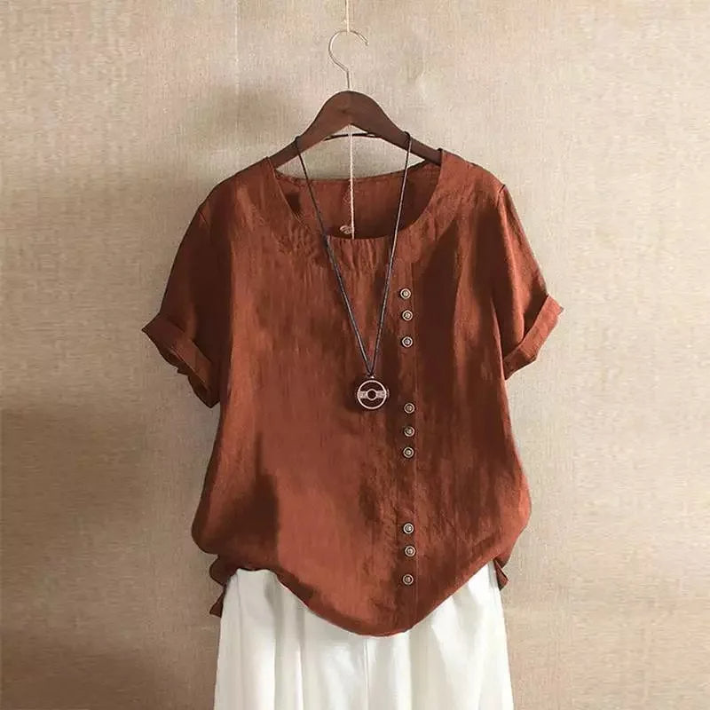 Olvoria | Women's Linen Blend Button Blouse Short Sleeve