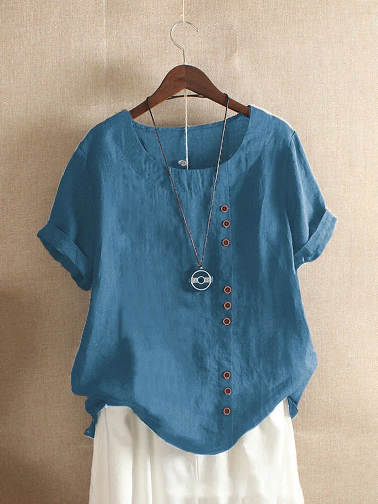 Olvoria | Women's Linen Blend Button Blouse Short Sleeve