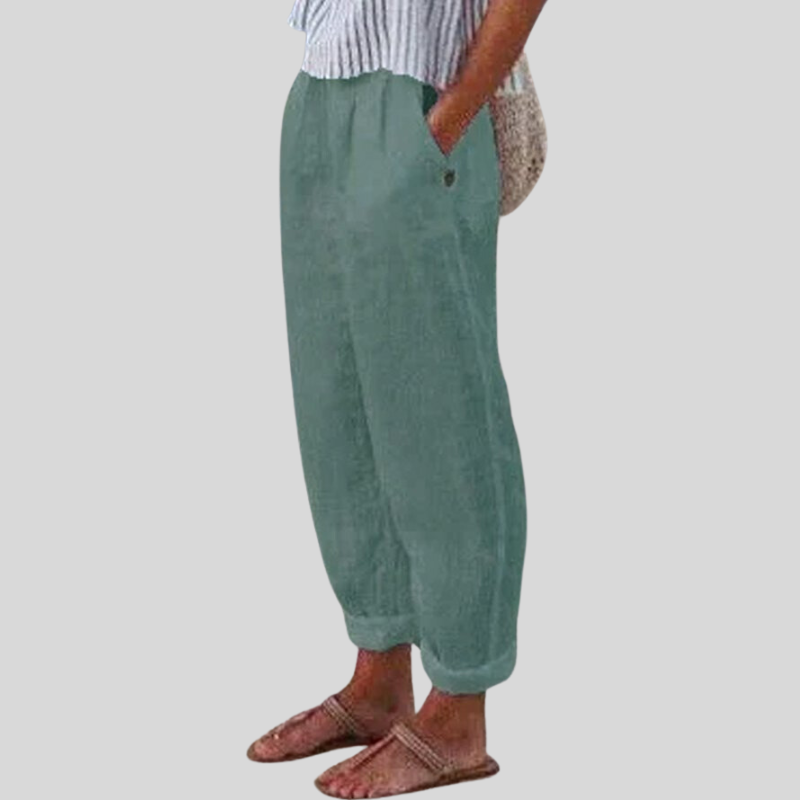 Olvoria | Women's Linen Relaxed Fit Folded Hem Trousers