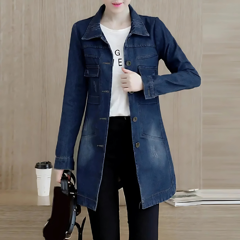 Olvoria | Women's Long Denim Jacket with Embroidered Details