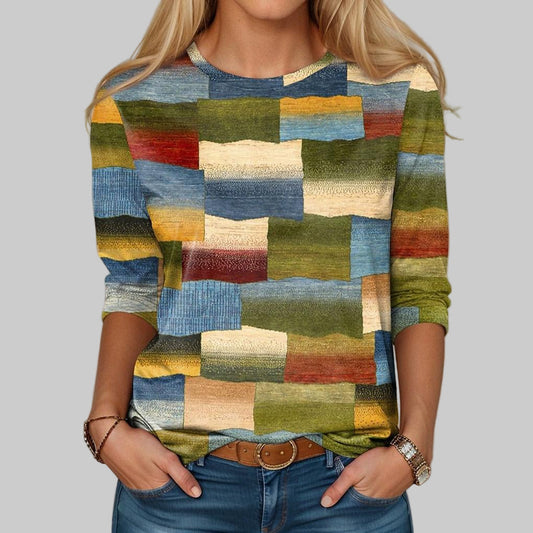 Olvoria | Women's Long Sleeve T-Shirt with Abstract Block Print