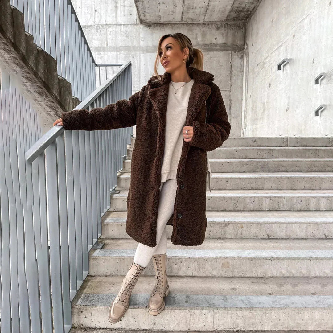 Olvoria | Women's Long Teddy Coat with Lapel Collar