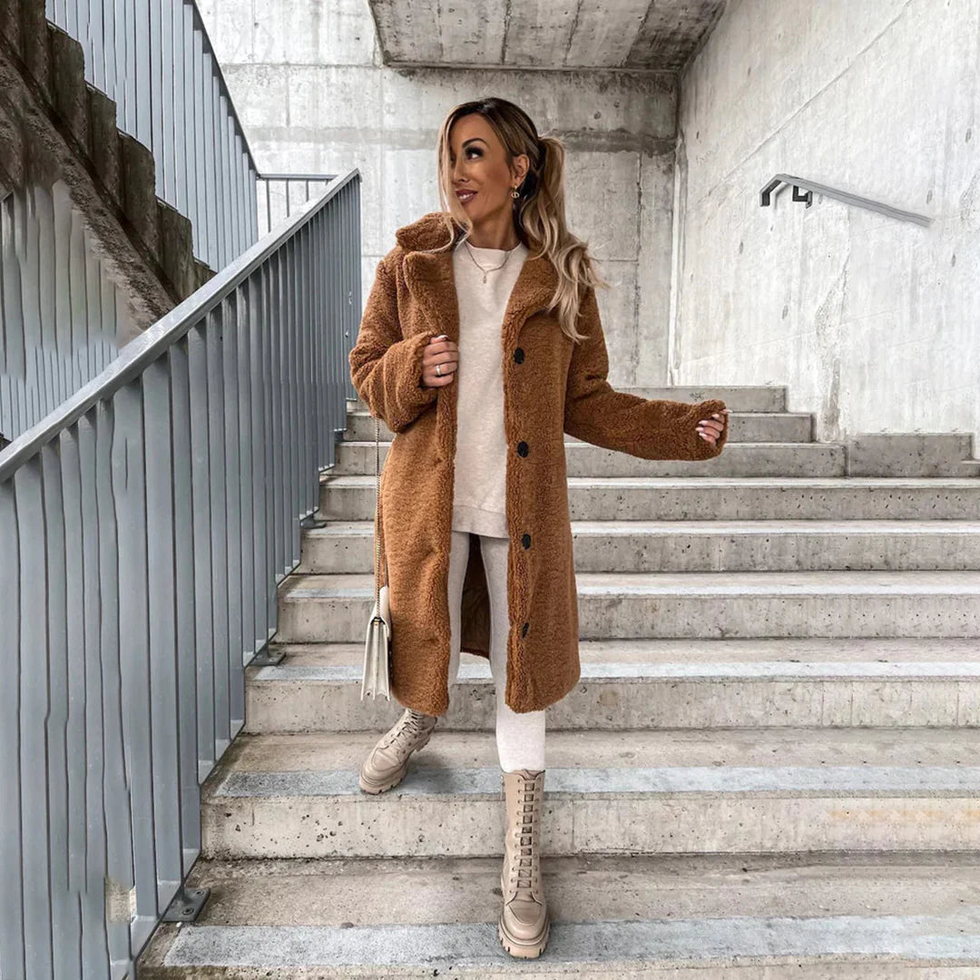 Olvoria | Women's Long Teddy Coat with Lapel Collar
