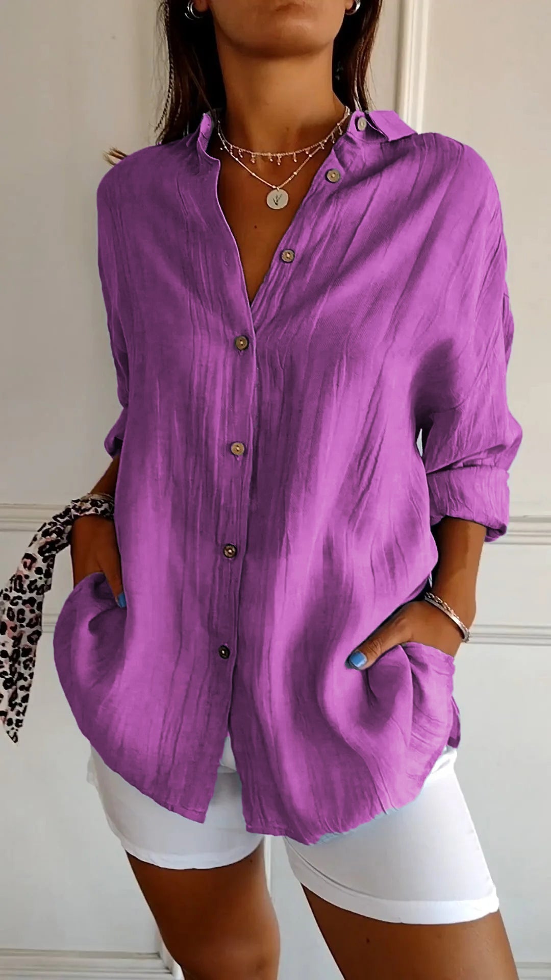 Olvoria | Women's Loose Button-Down Shirt - Crinkled Texture