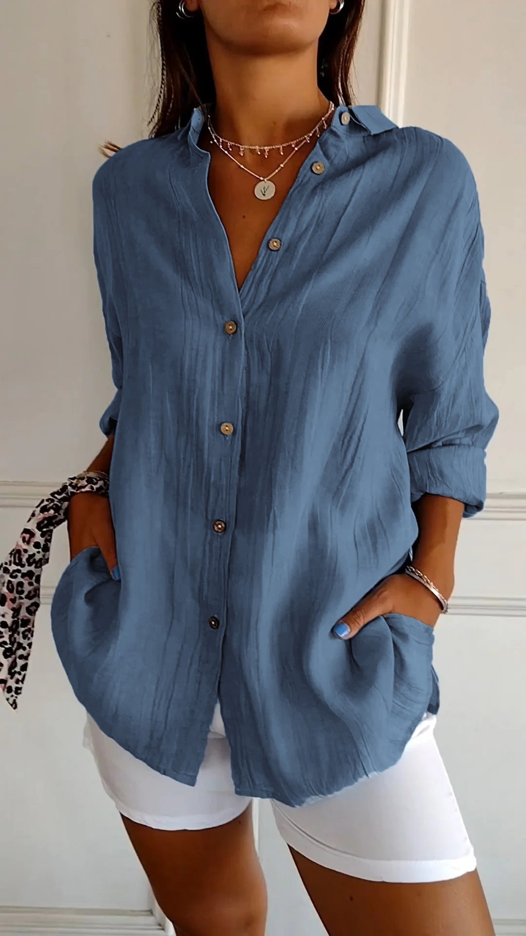 Olvoria | Women's Loose Button-Down Shirt - Crinkled Texture