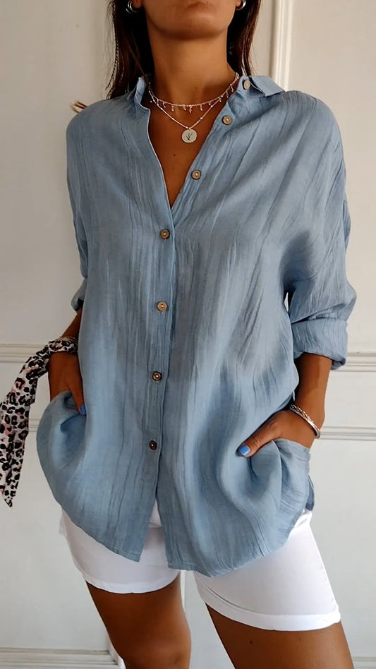 Olvoria | Women's Loose Button-Down Shirt - Crinkled Texture