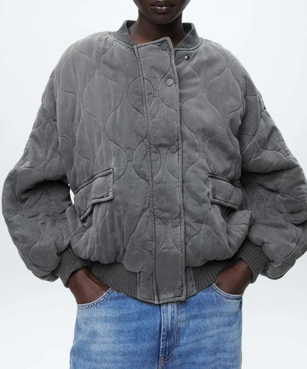 Olvoria - Women's Loose-Fitting Gray Bomber Jacket