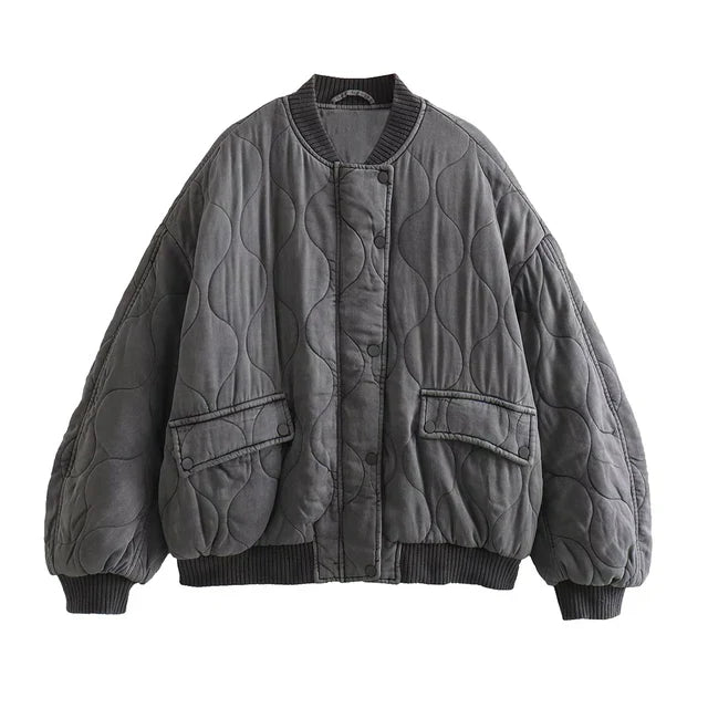 Olvoria - Women's Loose-Fitting Gray Bomber Jacket