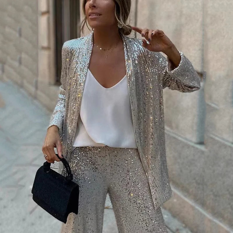 Olvoria | Women's Sequin Two-Piece Set with Wide-Leg Pants