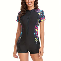 Olvoria | Traje de baño con cremallera y manga corta con estampado geométrico para mujer