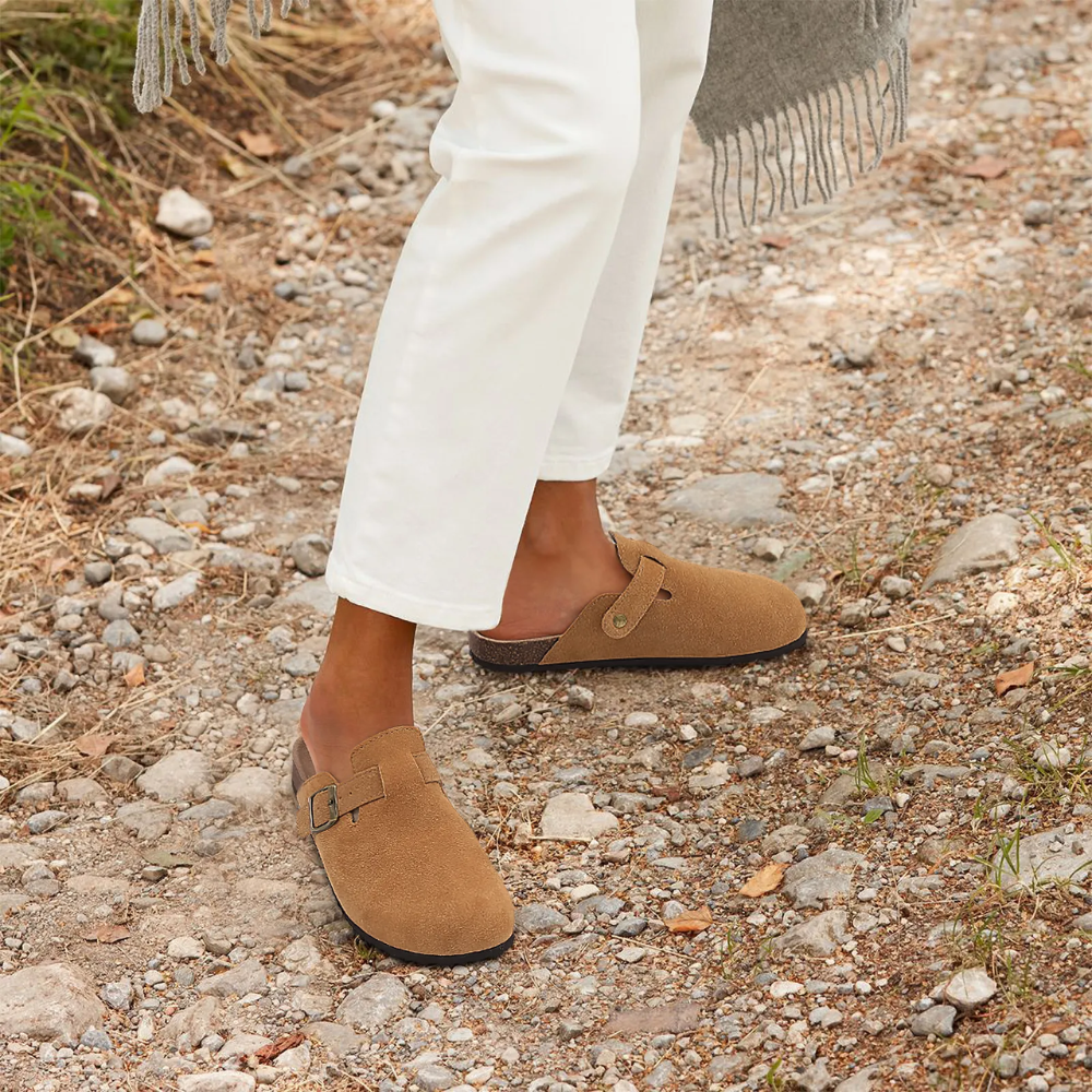 Olvoria | Women's Suede Clogs with Buckle