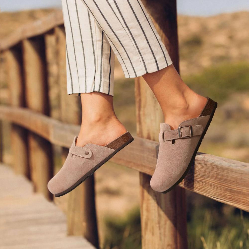 Olvoria | Women's Suede Clogs with Buckle