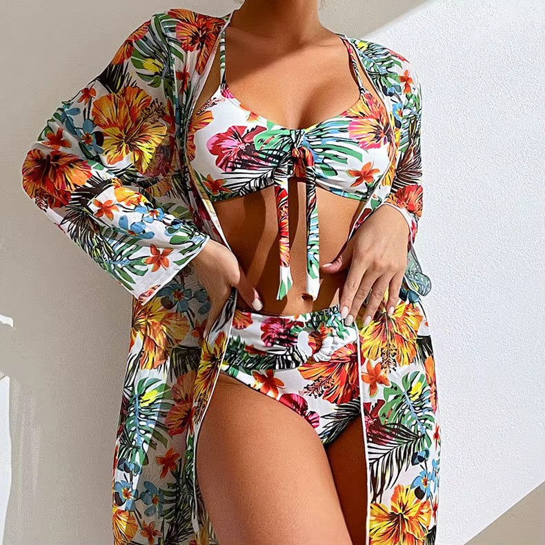 Olvoria | Women's Tropical Print Bikini Set with Tie Front Top