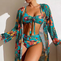 Olvoria | Conjunto de bikini con estampado tropical para mujer y top con lazo delantero