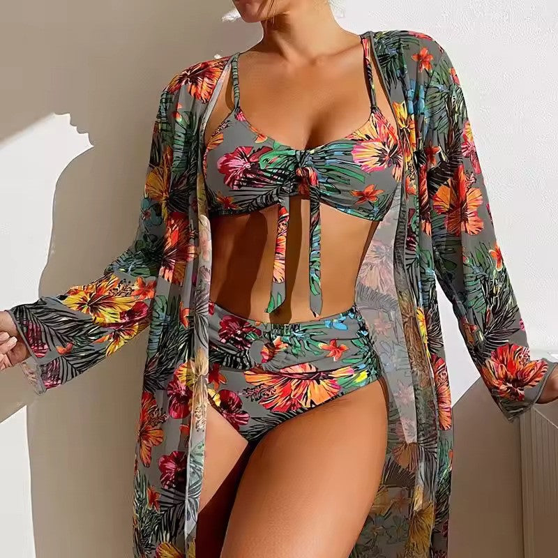 Olvoria | Women's Tropical Print Bikini Set with Tie Front Top