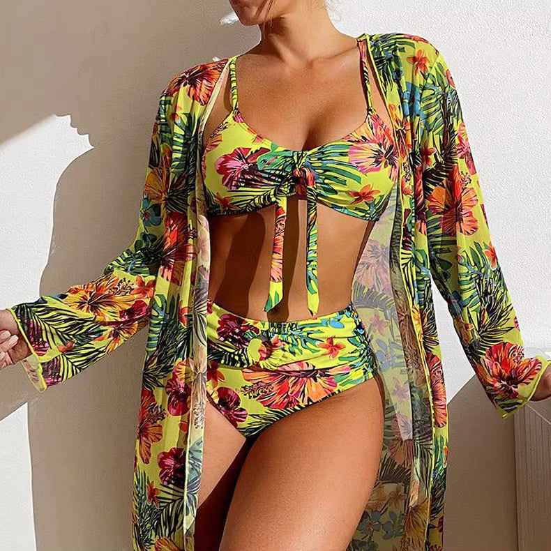 Olvoria | Women's Tropical Print Bikini Set with Tie Front Top