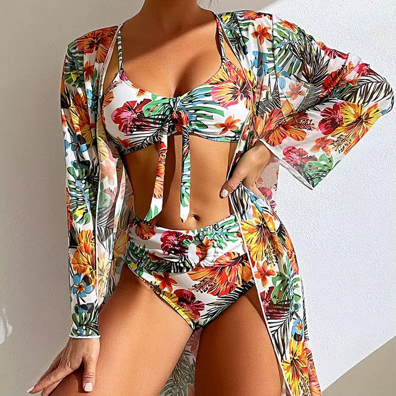 Olvoria | Women's Tropical Print Bikini Set with Tie Front Top