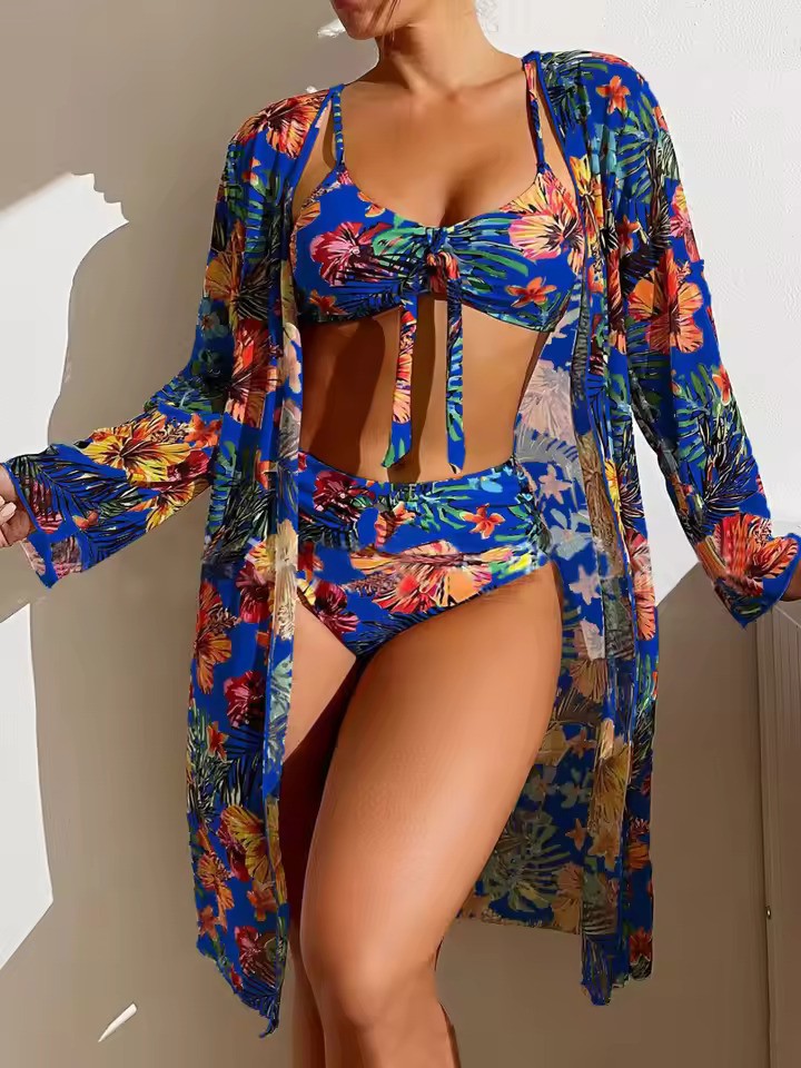 Olvoria | Women's Tropical Print Bikini Set with Tie Front Top