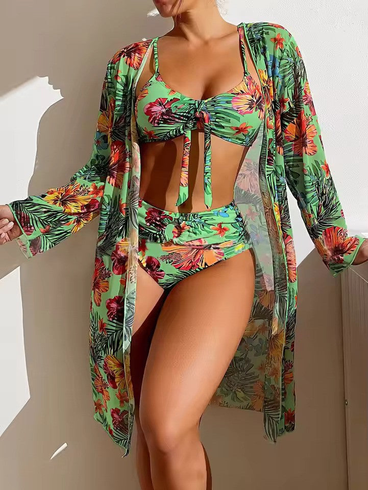 Olvoria | Women's Tropical Print Bikini Set with Tie Front Top