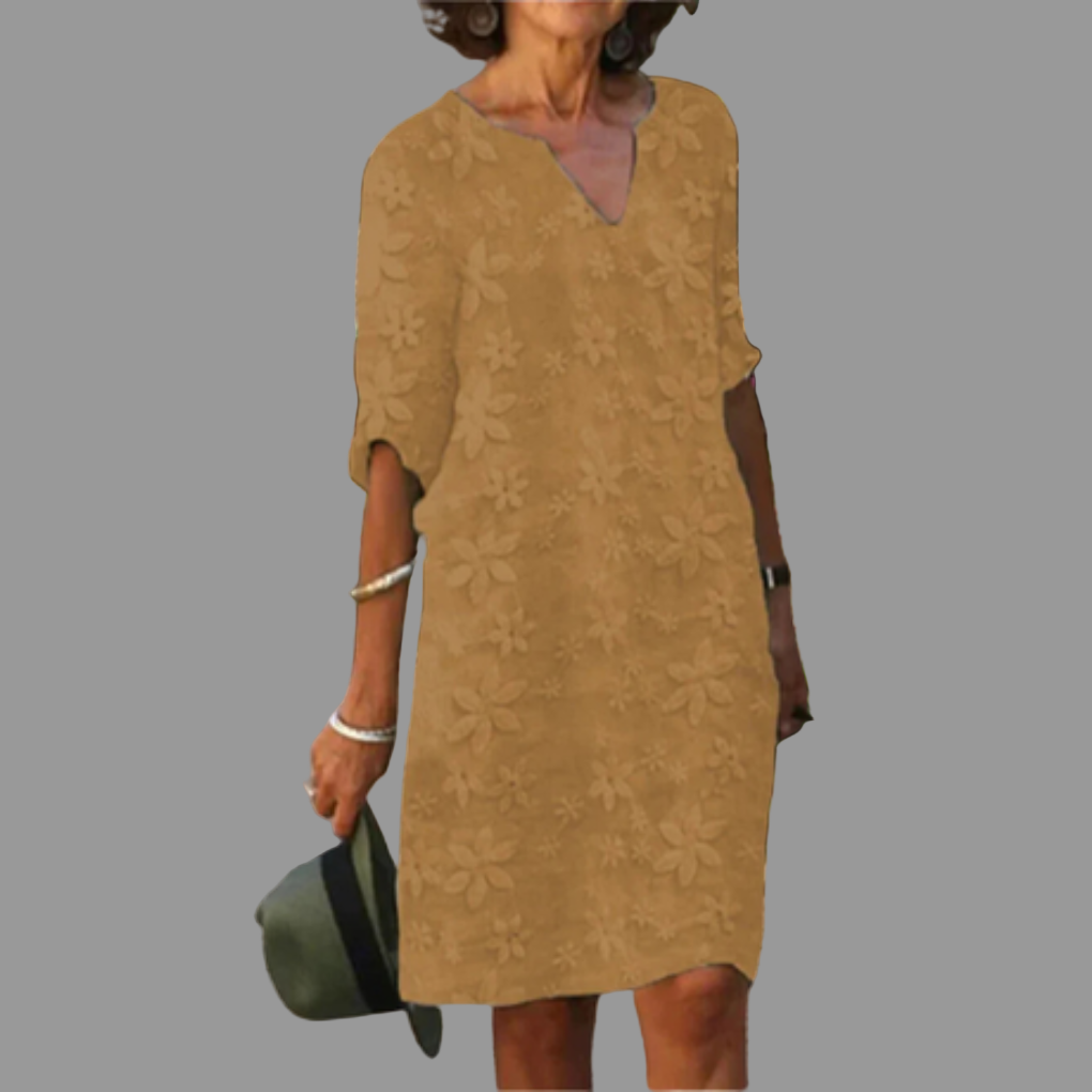 Olvoria | Women's V-Neck Midi Dress with Lace Floral Overlay