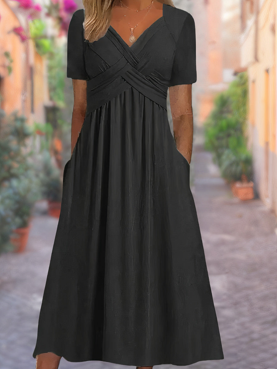 Olvoria | Women's V-Neck Midi Dress with Ruched Bodice