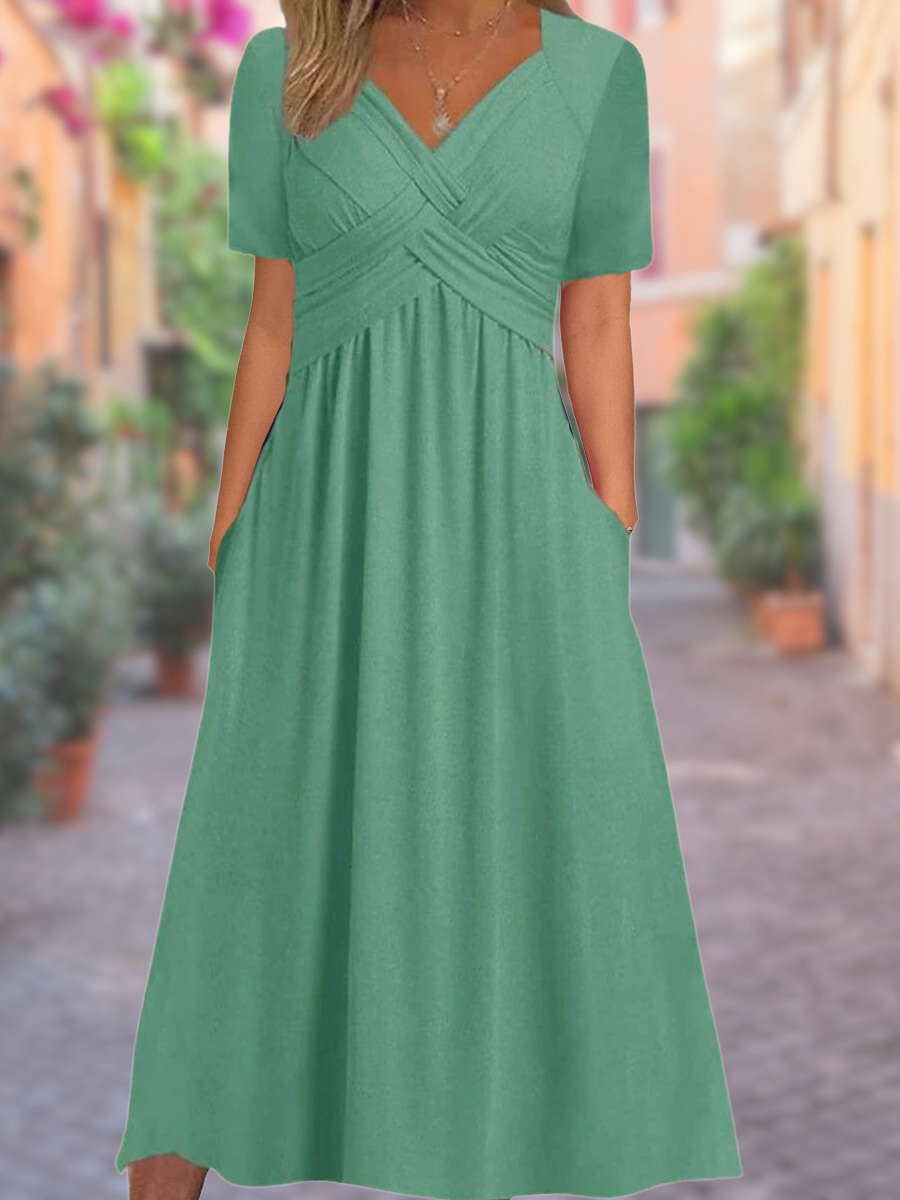 Olvoria | Women's V-Neck Midi Dress with Ruched Bodice