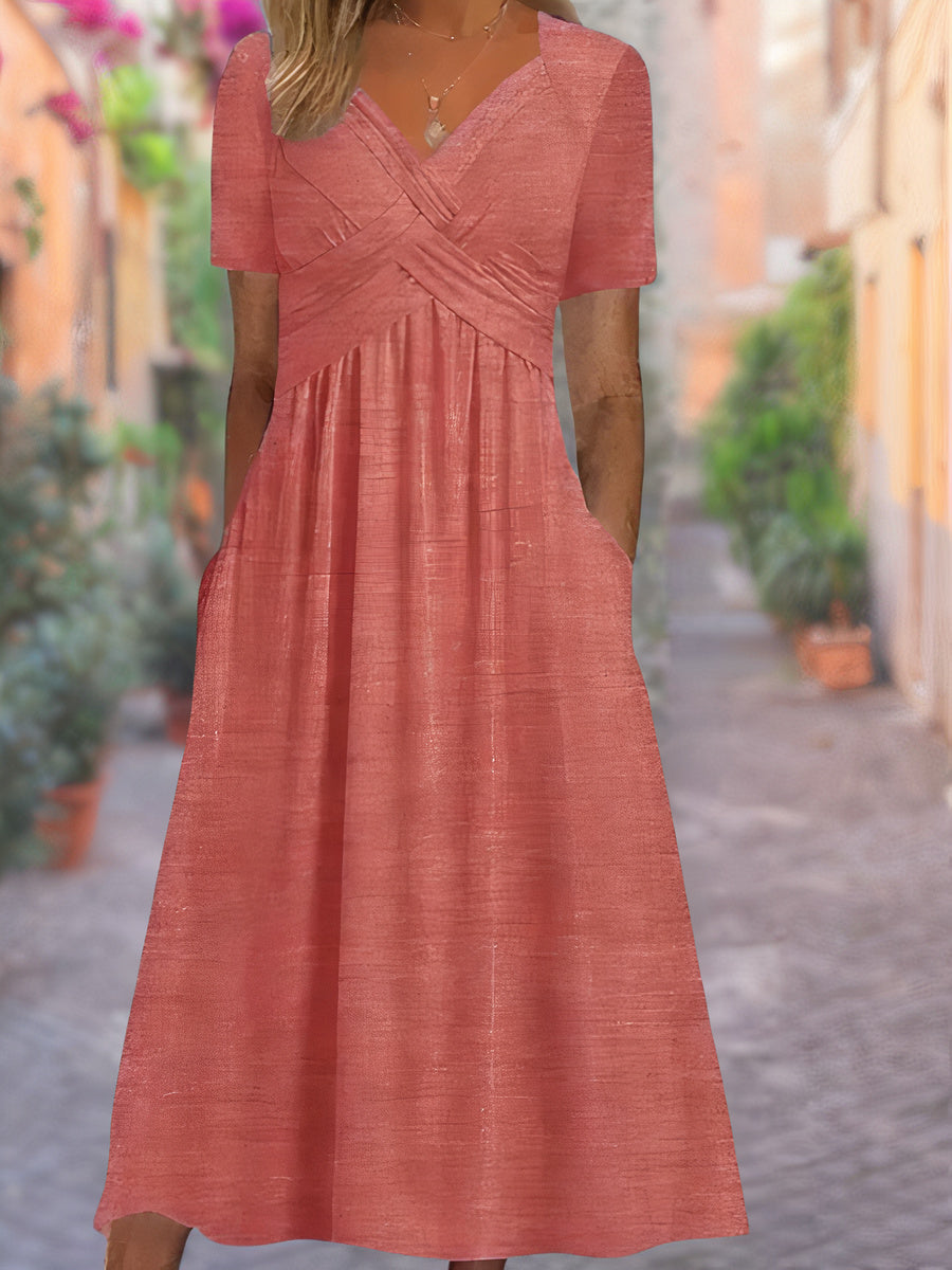 Olvoria | Women's V-Neck Midi Dress with Ruched Bodice