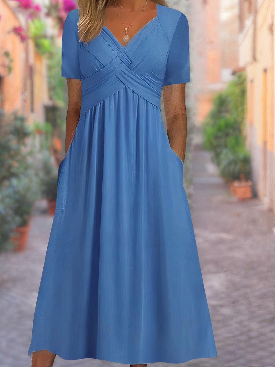 Olvoria | Women's V-Neck Midi Dress with Ruched Bodice