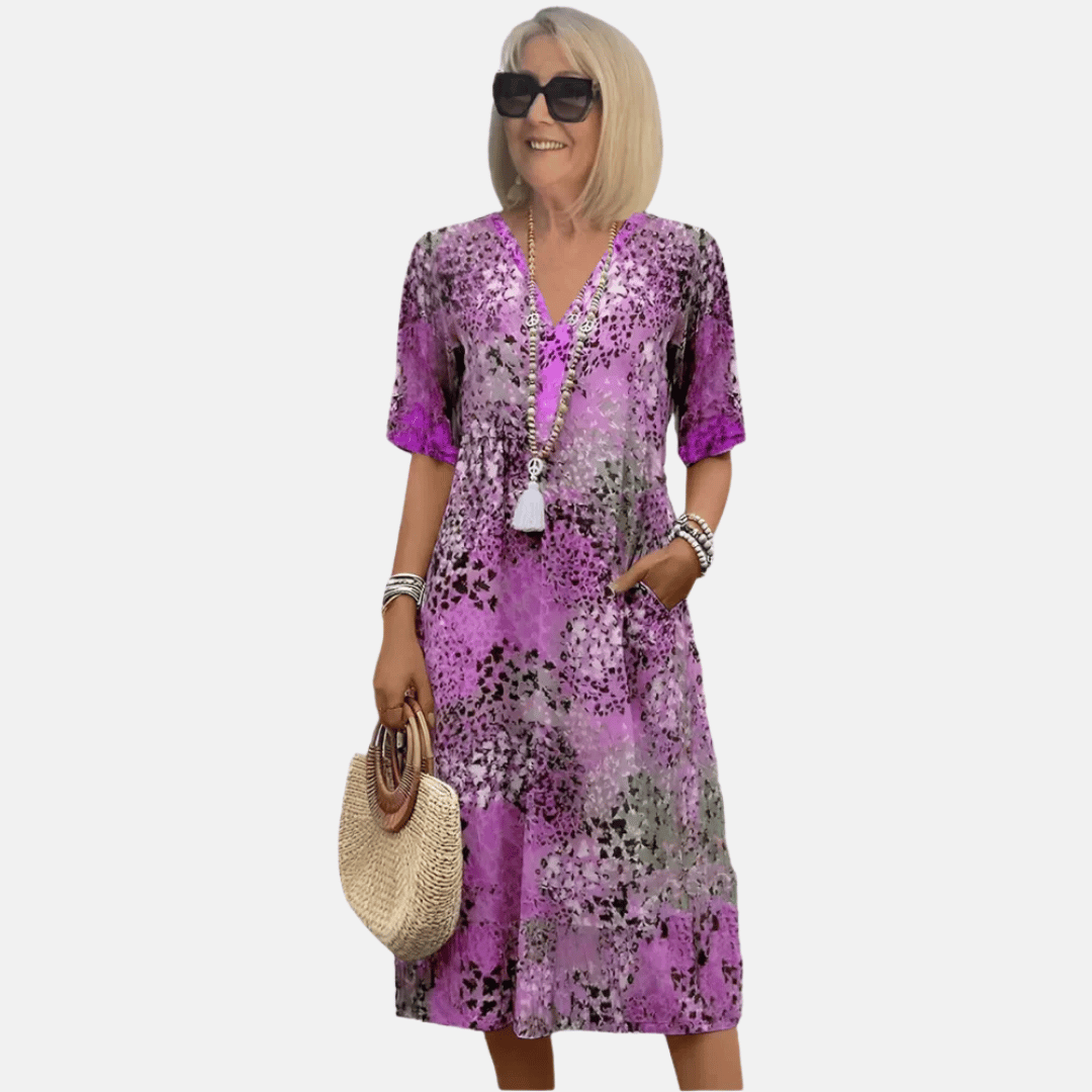 Olvoria | Women's V-Neck Printed Midi Dress