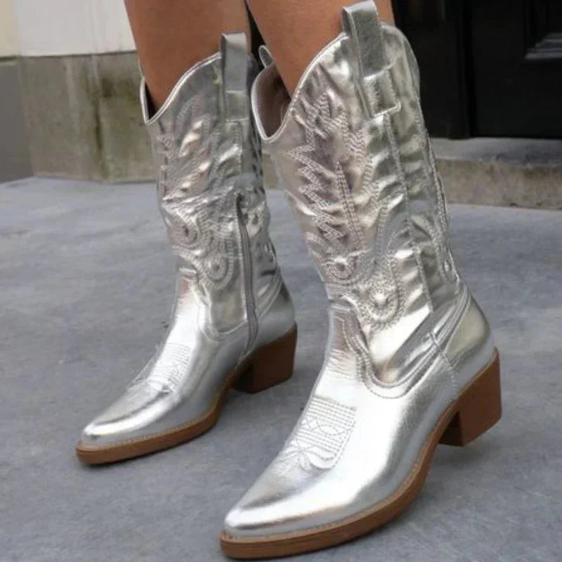 Olvoria | Women's Western Cowboy Boots with Metallic Finish