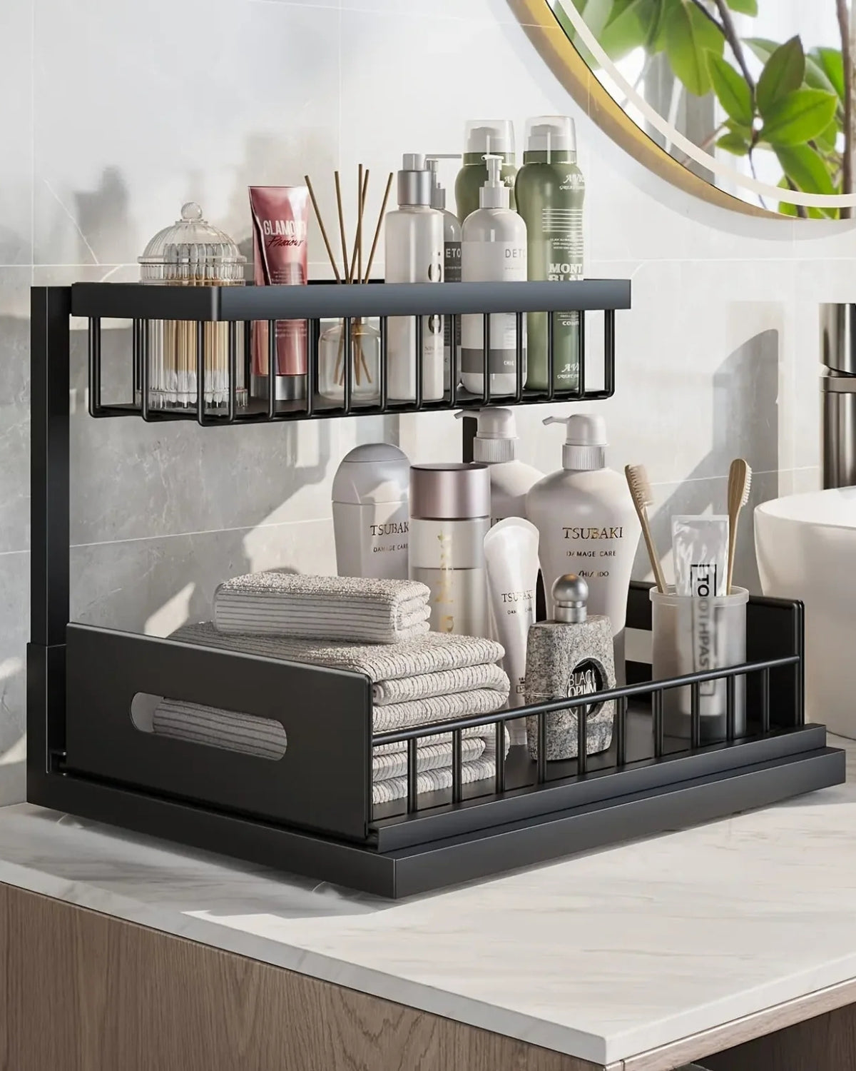 Organiseur coulissant pour placard deux niveaux noir et blanc