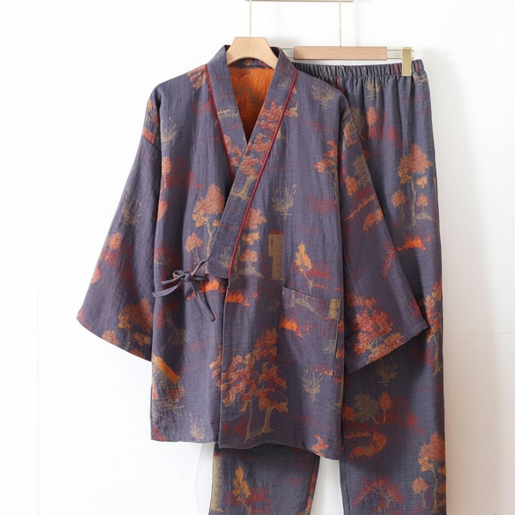 PAINTDRAPE – Artistic Watercolor Cotton Kimono Pajama Set for Relaxed Home Comfort