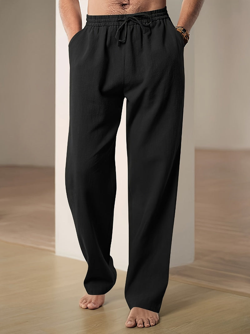 Pantalon casual pour homme en mélange de lin avec cordon de serrage
